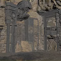 Industrial Cave Interior With Stone Walls Metal Door And Mechanical Gears
