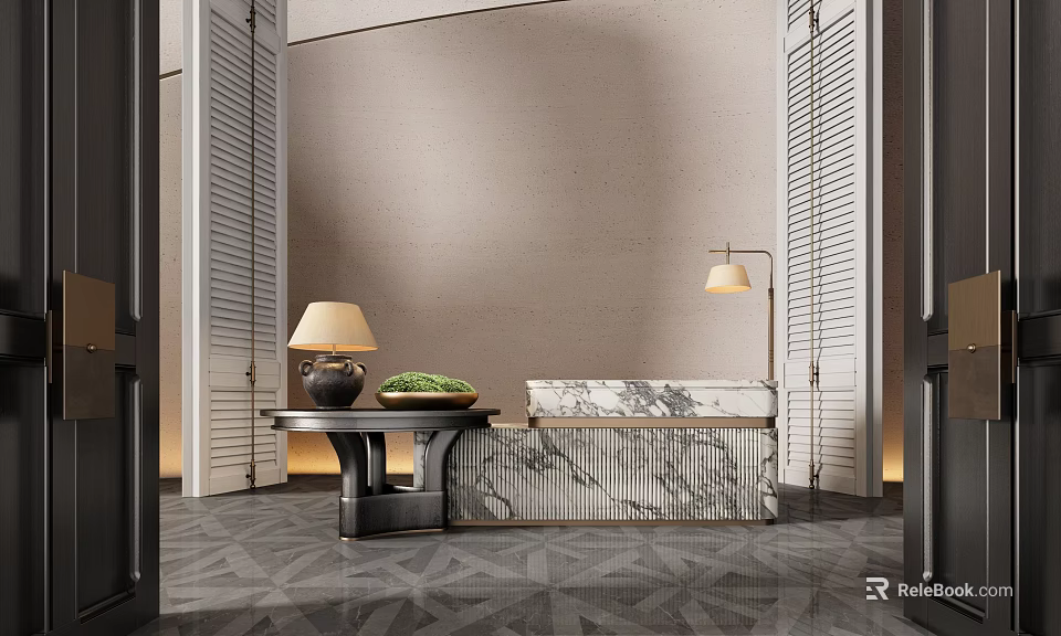 Luxurious Hotel Lobby Interior With Marble Reception Desk And Decorative Pendant Lights 3d model 