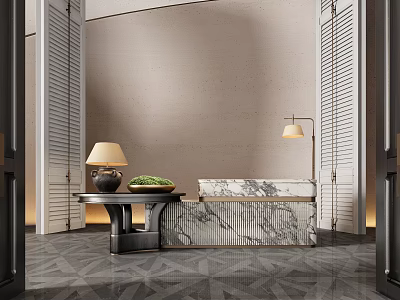 Luxurious Hotel Lobby Interior With Marble Reception Desk And Decorative Pendant Lights 3d model