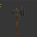 Ornate Medieval Axe With Intricate Carvings Red Handle And Metal Rings