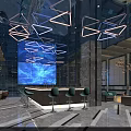 Modern Upscale Bar Counter With Unique Geometric Lighting And Stylish Comfortable Blue Bar Stools