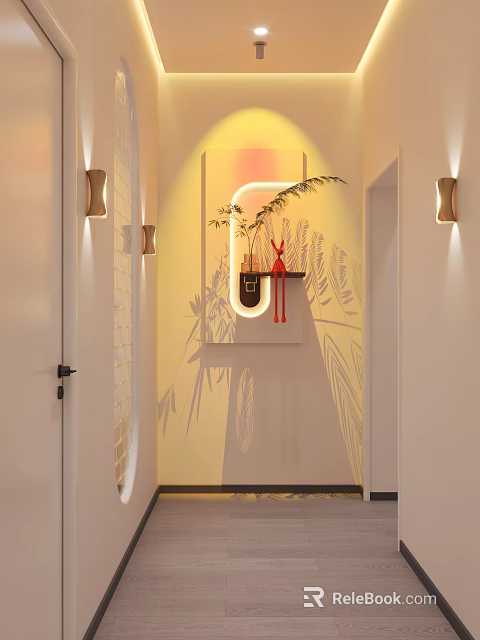 Warm Cozy Beauty Salon Corridor Space With Soft Wall Lights And Stylish Wall Decorations 3d model 