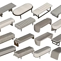 Various Modern Upholstered Beige Benches With Different Shapes And Metal Legs
