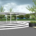 Modern Garden Landscape With Curved Wall STOP Sign Trimmed Shrubs White Columns And Greenery