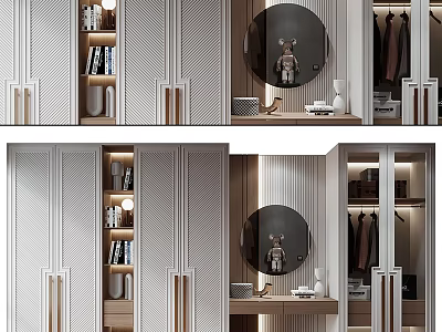 Modern Wardrobe Interior Design With Circular Mirror Bookshelves And Clothing Racks 3d model