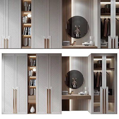 Modern Wardrobe Interior Design With Circular Mirror Bookshelves And Clothing Racks 3d model