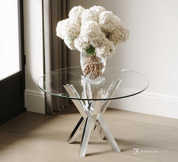Modern Glass Top Side Table With Metal Cross Base And White Flower Vase 3d model 