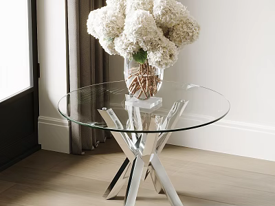 Modern Glass Top Side Table With Metal Cross Base And White Flower Vase 3d model