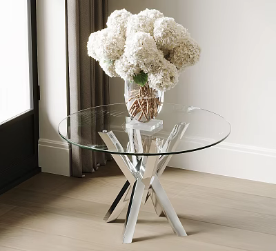 Modern Glass Top Side Table With Metal Cross Base And White Flower Vase 3d model