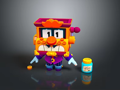 Cartoonish Square Purple Orange Game Movie Character With Mechanical Hat Blue Potion And Gold Coins 3d model