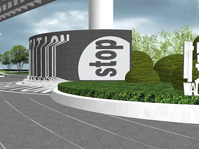 Modern Garden Landscape With Curved Wall STOP Sign Trimmed Shrubs White Columns And Greenery 3d model