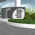 Modern Garden Landscape With Curved Wall STOP Sign Trimmed Shrubs White Columns And Greenery