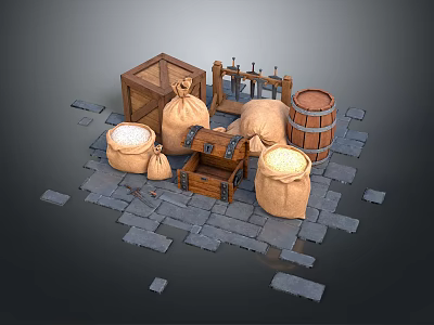 Vintage Wooden Chest And Burlap Sacks With Barrel On Stone Paved Floor 3d model