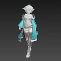 Anime Woman with Blue White Hair Cat Ears Wearing White Cropped Top Black Teal Coat