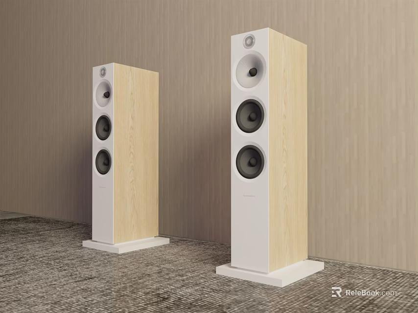 Modern Tower Speakers Interior Design With Wooden Panel And White Base 3d model 