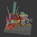 Construction Site Components 3D Model With Red Crane Blue Tank White Poles And Building Modules