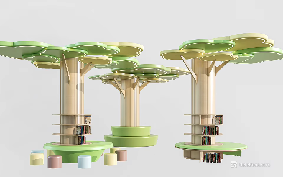 Tree Shaped Pillars With Multiple Circular Green Platforms Bookshelves And Colorful Cylindrical Stools 3d model 