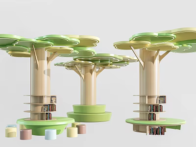 Tree Shaped Pillars With Multiple Circular Green Platforms Bookshelves And Colorful Cylindrical Stools 3d model