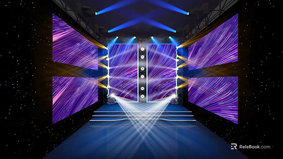 Live Stream Studio Stage with Large Purple Blue LED Screens Stage Steps and Ceiling Lights 3d model 