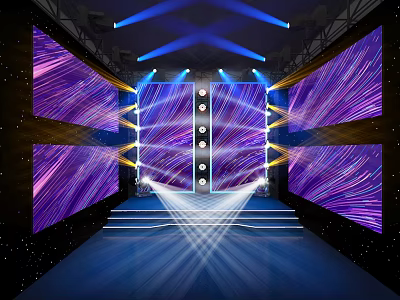 Live Stream Studio Stage with Large Purple Blue LED Screens Stage Steps and Ceiling Lights 3d model