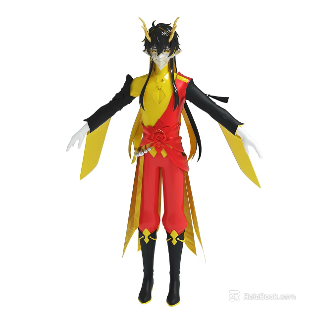 Vibrant Anime Character Costume With Red Yellow Clothing Black Hair White Gloves And Yellow Ribbons 3d model 