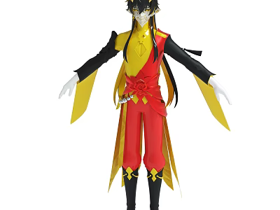 Vibrant Anime Character Costume With Red Yellow Clothing Black Hair White Gloves And Yellow Ribbons 3d model
