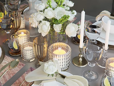 Elegant Tableware Set With White Flowers Candles Wine Glasses On Dining Table Setup 3d model