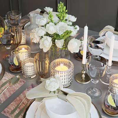 Elegant Tableware Set With White Flowers Candles Wine Glasses On Dining Table Setup 3d model