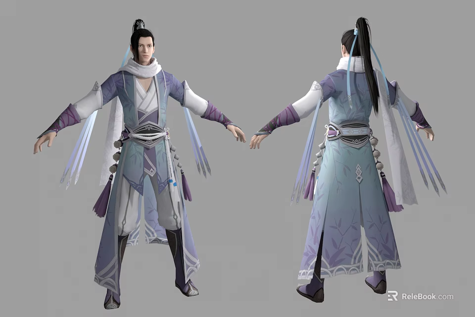 Game Movie Character In Traditional Blue Purple Robe With Long Hair And Flowing Sleeves 3d model 