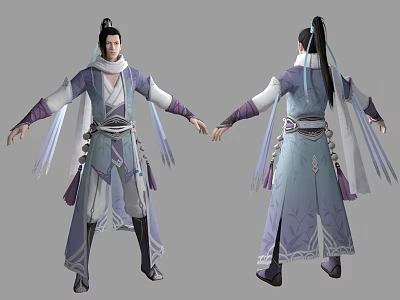 Game Movie Character In Traditional Blue Purple Robe With Long Hair And Flowing Sleeves 3d model