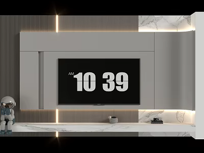 Modern Minimalist TV Background Wall Design With Gray Panel And Marble Accents And Strip Lighting 3d model