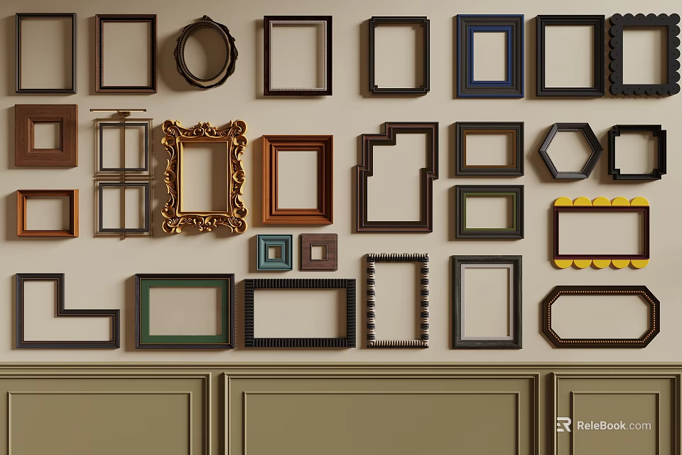 Assorted Photo Frames Wall Display With Various Styles Shapes And Colors 3d model