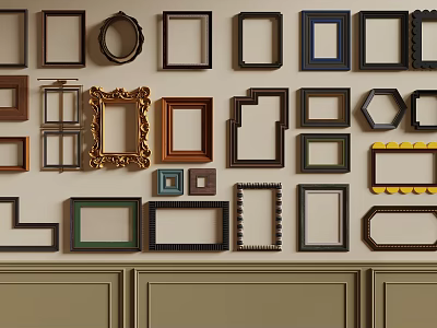 Assorted Photo Frames Wall Display With Various Styles Shapes And Colors 3d model