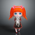 Cute Red Haired Girl With Pink Bows Blue Eyes Holding White Kitten In Dark Dress
