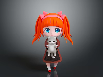 Cute Red Haired Girl With Pink Bows Blue Eyes Holding White Kitten In Dark Dress 3d model