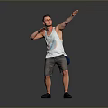 Man in White Tank Top Gray Shorts and Black Shoes Posing with Extended Right Arm
