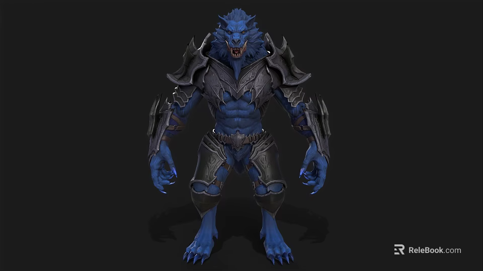 Blue Muscular Wolf Creature In Black Armor Standing Fantasy Character Design 3d model 