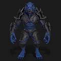 Blue Muscular Wolf Creature In Black Armor Standing Fantasy Character Design