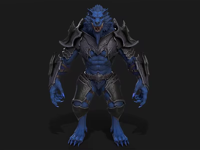 Blue Muscular Wolf Creature In Black Armor Standing Fantasy Character Design 3d model