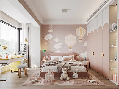 Kids Room Interior with Clouds Hot Air Balloons Wall Art Bed and Stuffed Toys 3d model