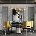Modern Dining Set With Round Table Yellow Chairs And Gray Marble Walls 3d model