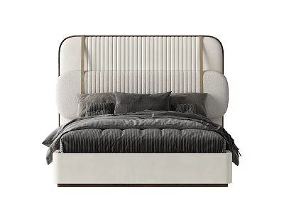 Modern Double Bed Design With Woven Rattan Headboard Gold Frame And Gray Bedding 3d model
