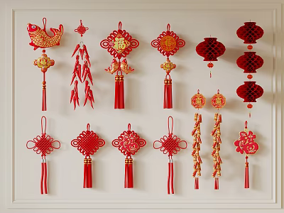 Traditional Chinese Red Lanterns With Chinese Knots Gold Fish Ornaments And Tassels 3d model
