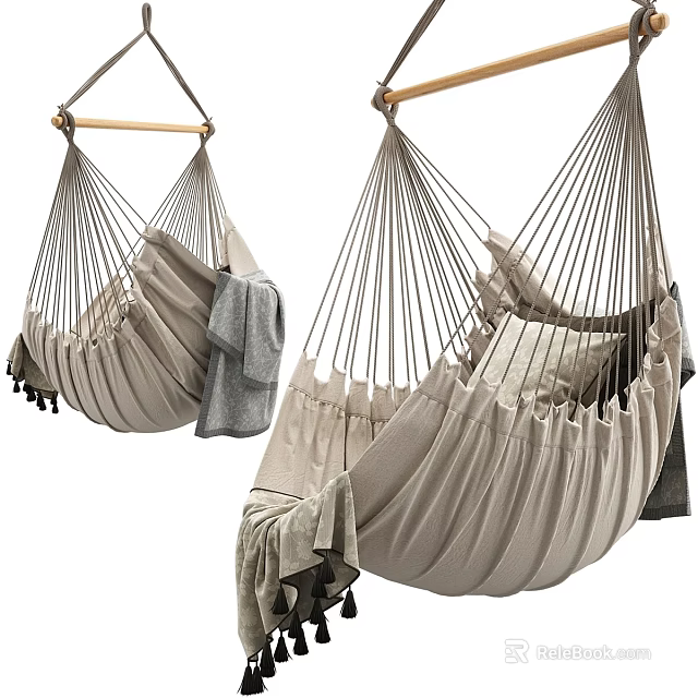 Beige Hammock Chair With Wooden Hanging Rod Cushion And Blanket 3d model 