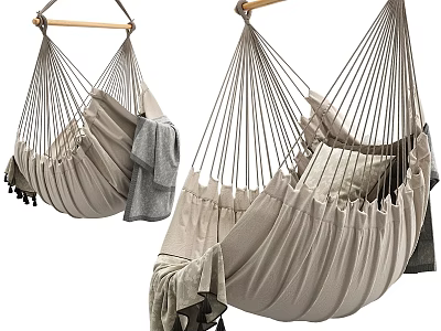 Beige Hammock Chair With Wooden Hanging Rod Cushion And Blanket 3d model