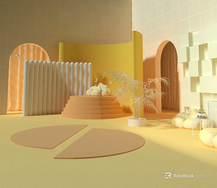 Pastel Colored Modern Interior With Geometric Shapes Arched Doorways And Plants 3d model 