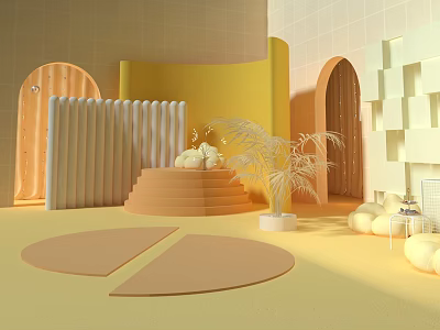 Pastel Colored Modern Interior With Geometric Shapes Arched Doorways And Plants 3d model