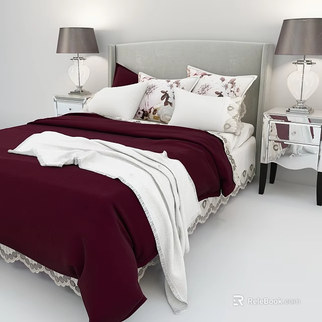 Burgundy Double Bed With Light Gray Headboard Patterned Pillows White Blanket Bedside Tables And Lamps 3d model 