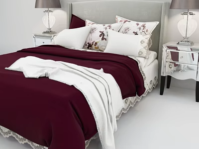 Burgundy Double Bed With Light Gray Headboard Patterned Pillows White Blanket Bedside Tables And Lamps 3d model
