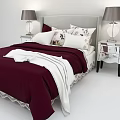 Burgundy Double Bed With Light Gray Headboard Patterned Pillows White Blanket Bedside Tables And Lamps